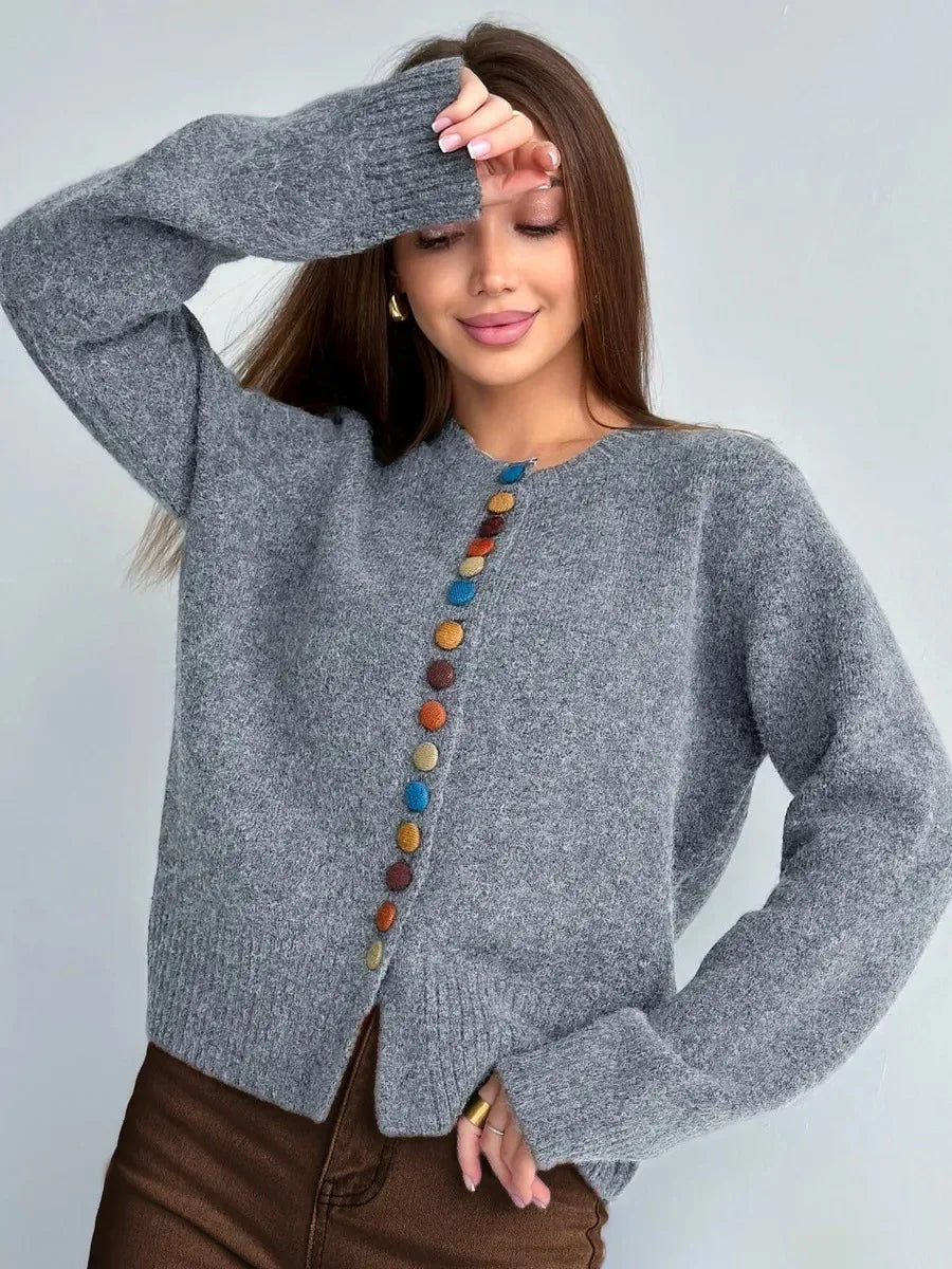 Round Neck Knit Button Front Long Sleeve Cardigan 3
