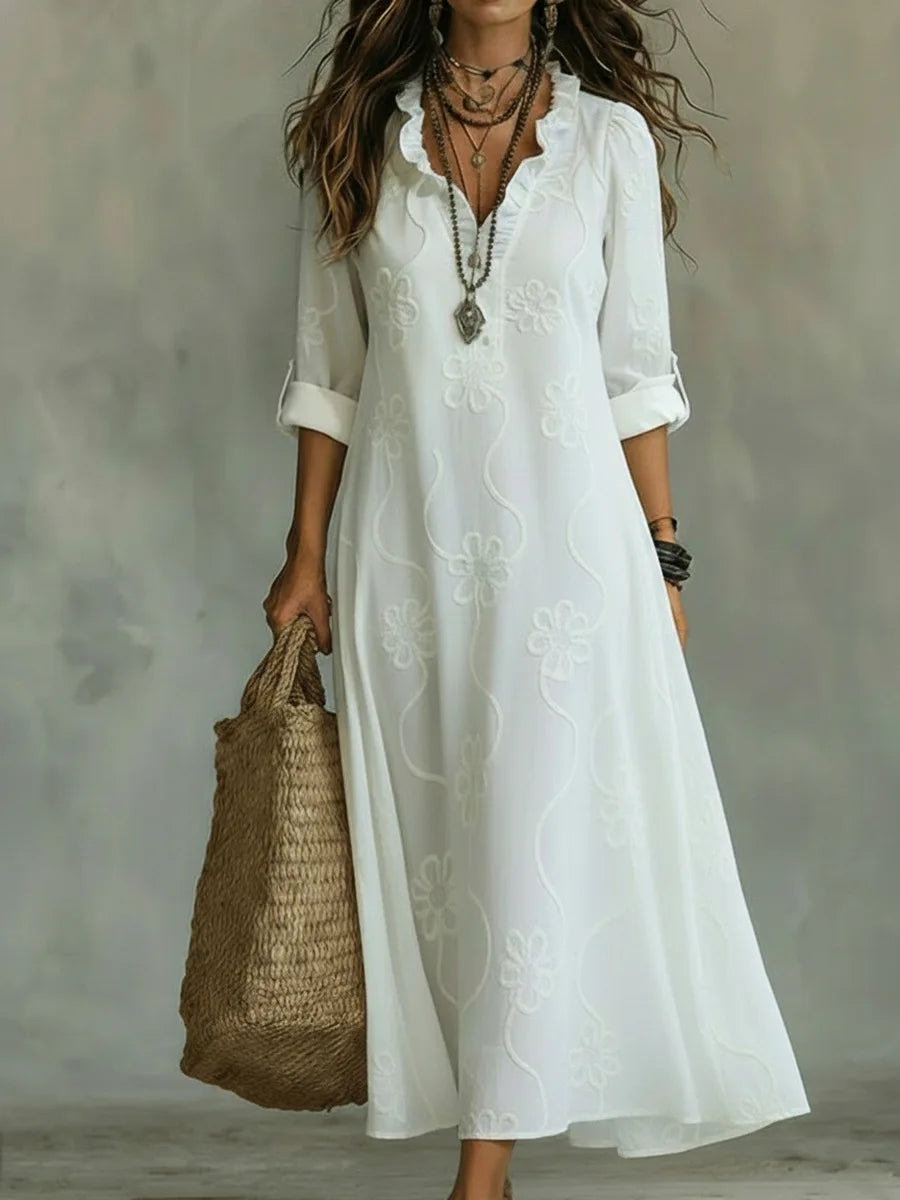 Split Neck Roll Sleeve Floral Textured A-Line Maxi Dress 3