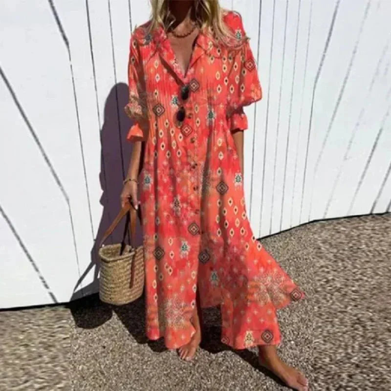 V-Neck Short Sleeve Watercolor Floral Tiered A-Line Maxi Dress