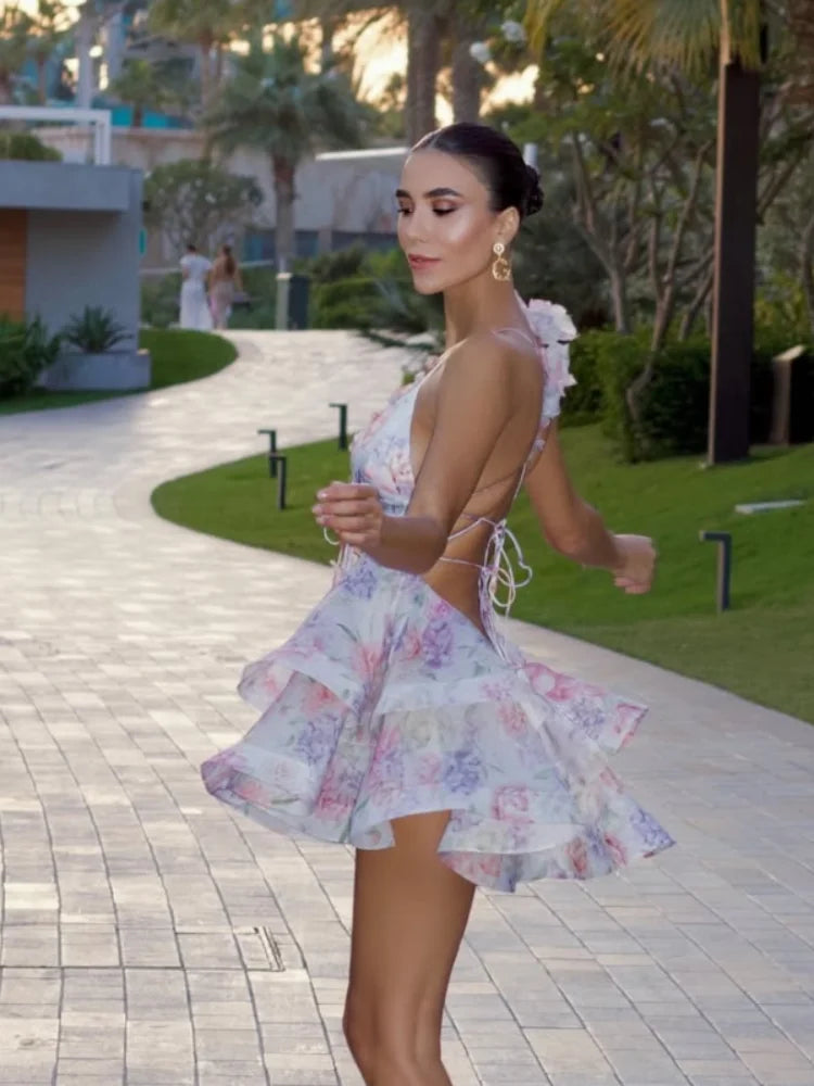 Ruffle Laceup Sleeveless Floral Dress