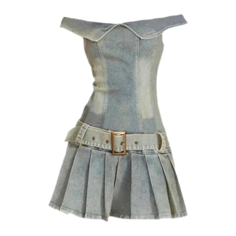 Blue Off-Shoulder Foldover Denim Belted Pleated Mini Dress 2