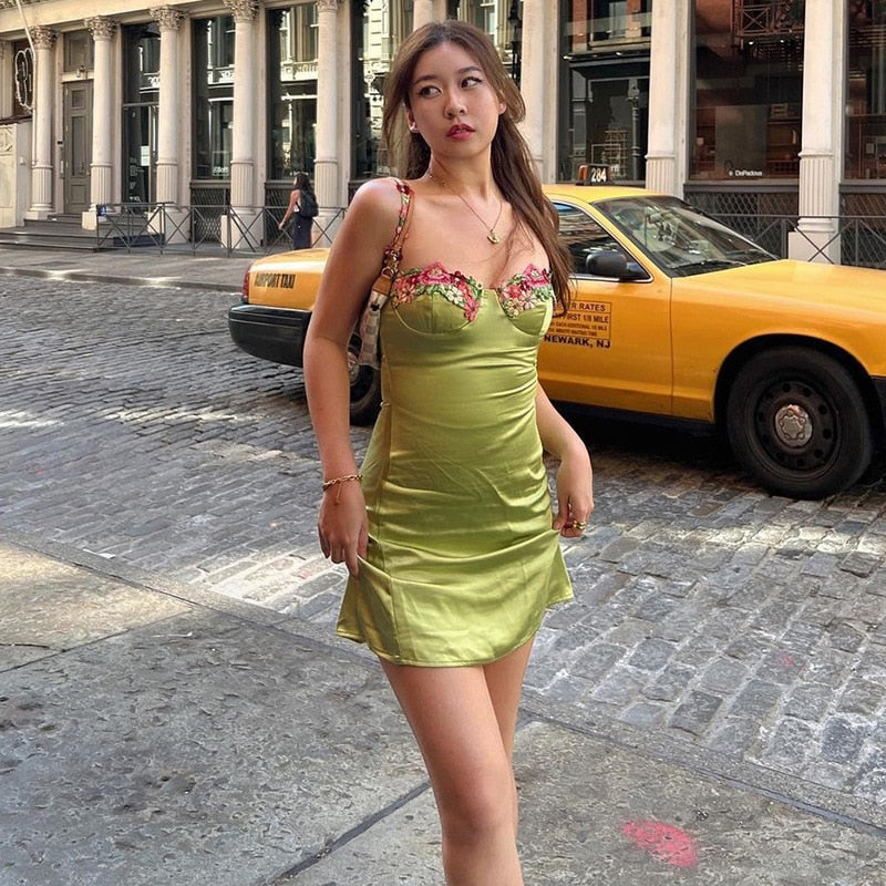 Green Spaghetti Strap Floral Embroidered Bust Satin Bodycon Mini Dress