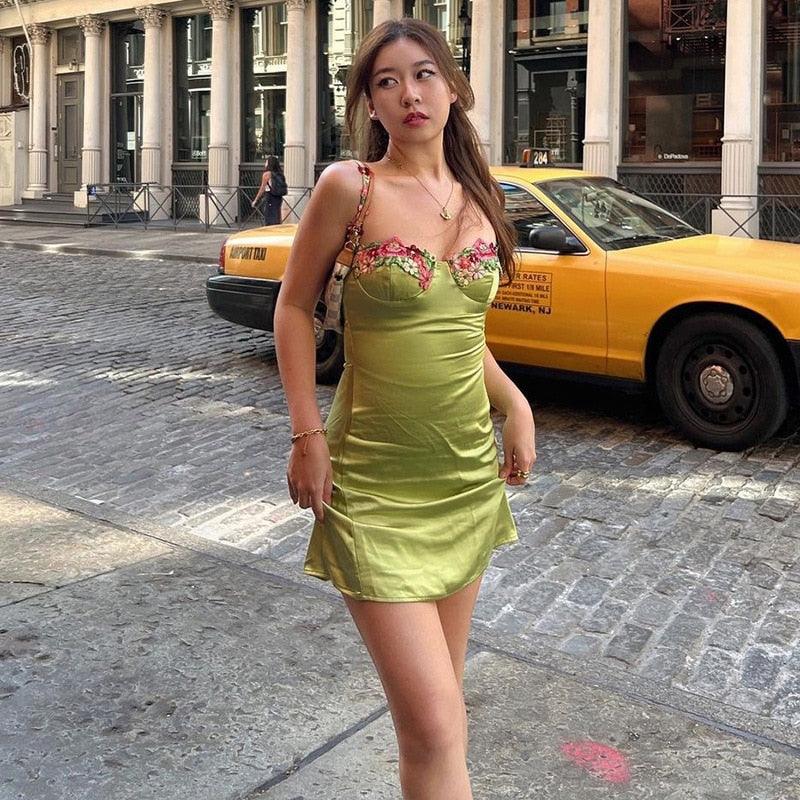 Green Spaghetti Strap Floral Applique Satin Bodycon Mini Dress 8