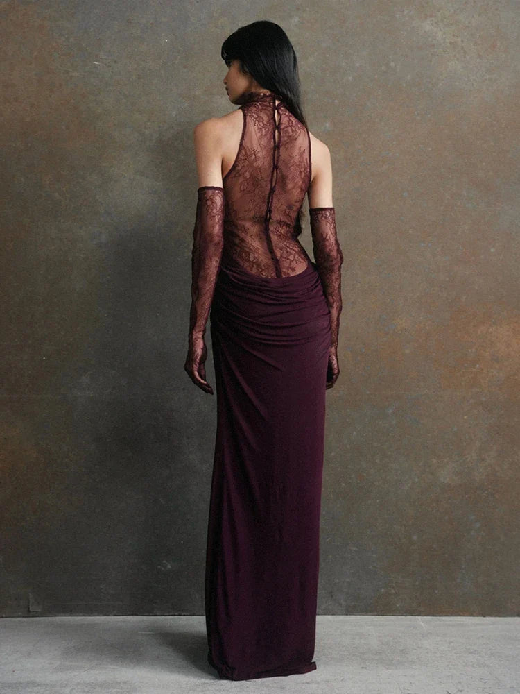 Turtleneck Pleated Gloves Backless Lace Dress