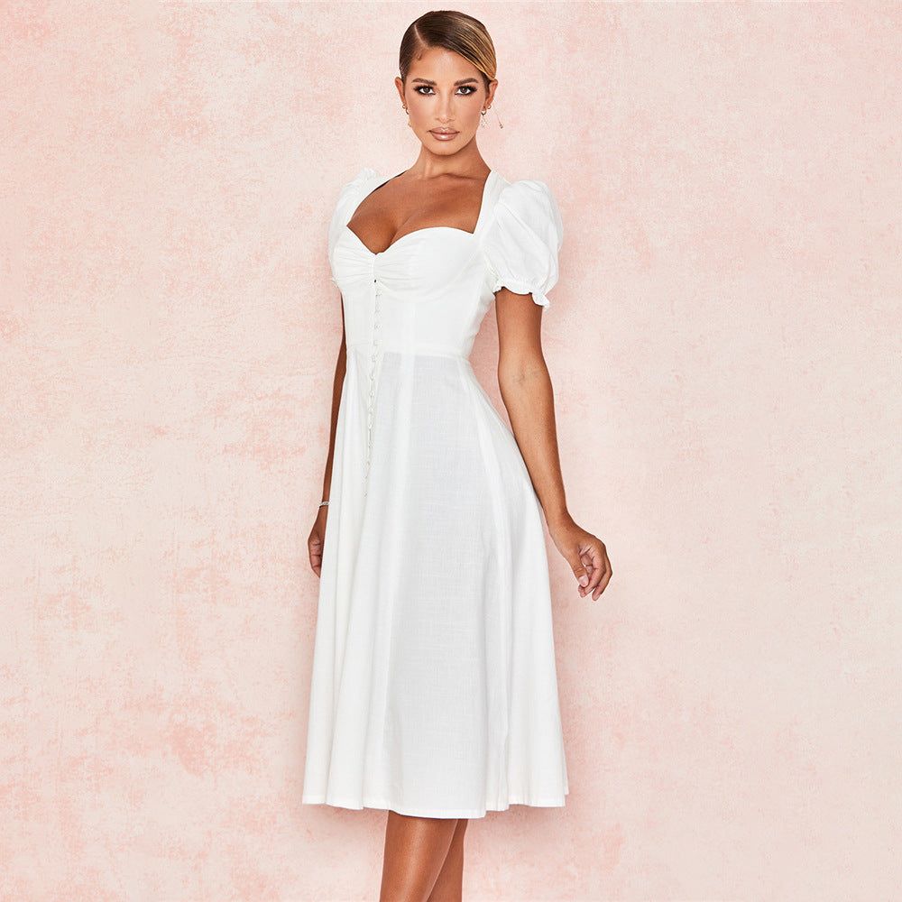 White Square Neck Puff Sleeve Ruched Button Front A-Line Midi Dress