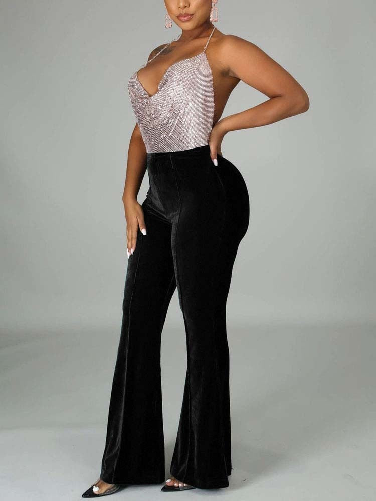 Velvet Velour Flared Bell Bottoms High Waist Pants