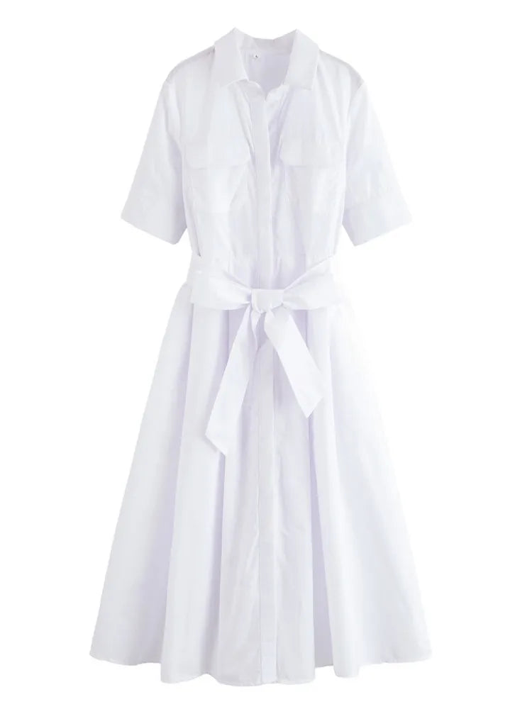 Collar Short Sleeve Chest Pocket Belted A-Line Shirt Dress 6