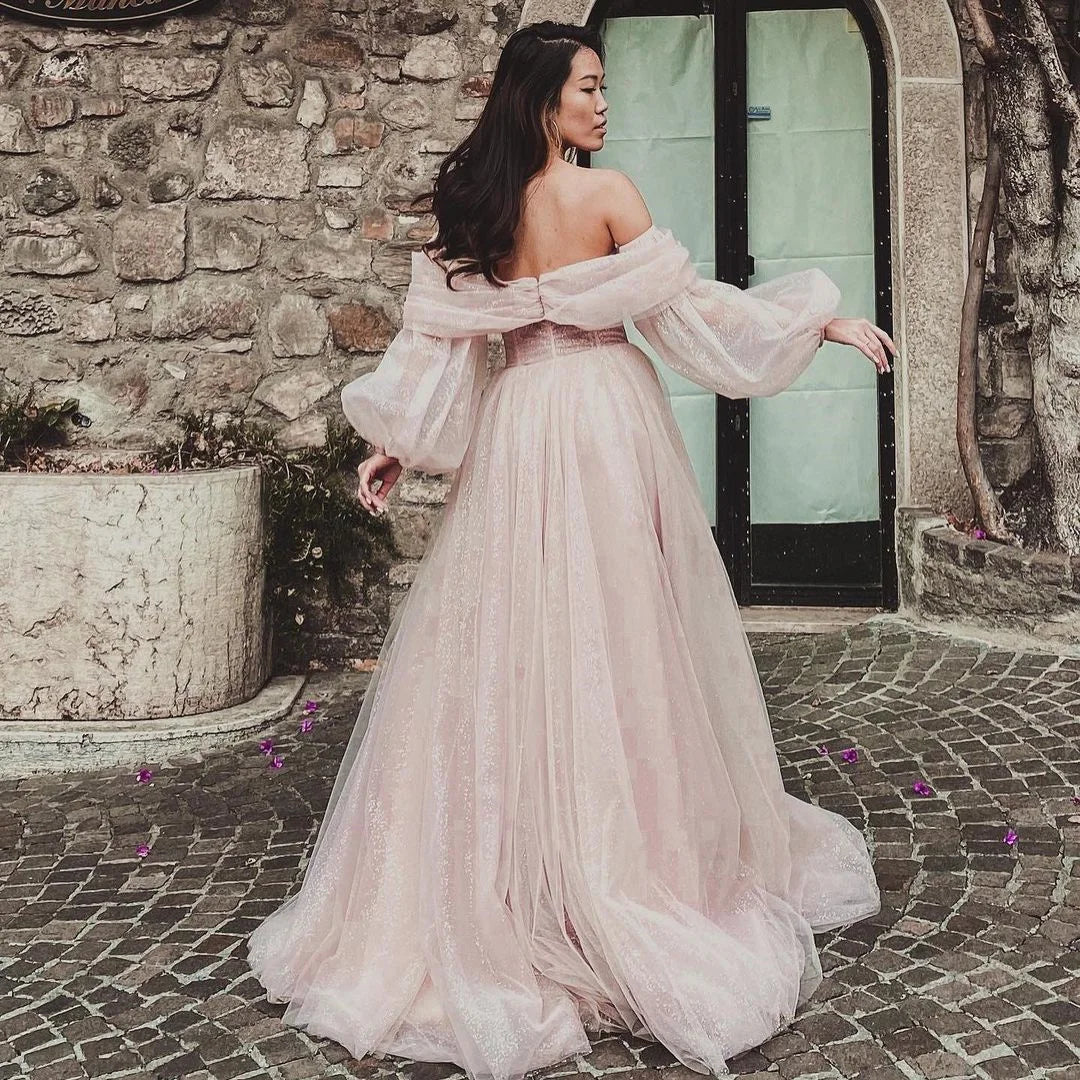 Off The Shoulder Long Puff Sleeve Slit Prom Dress