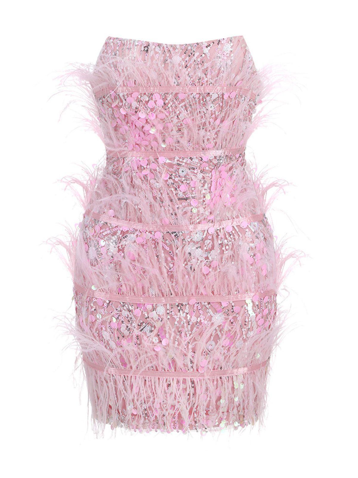 Strapless Sequin Feather Trim Tiered Bodycon Mini Dress