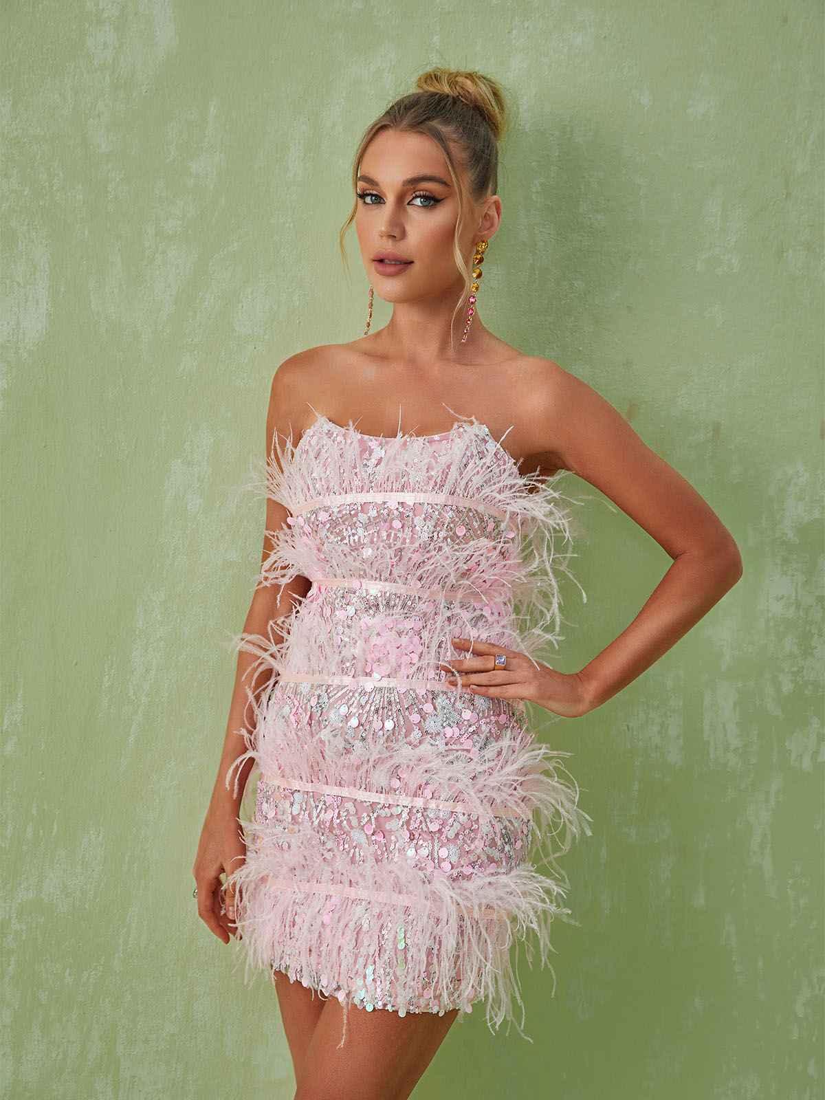 Strapless Sequin Feather Trim Tiered Bodycon Mini Dress