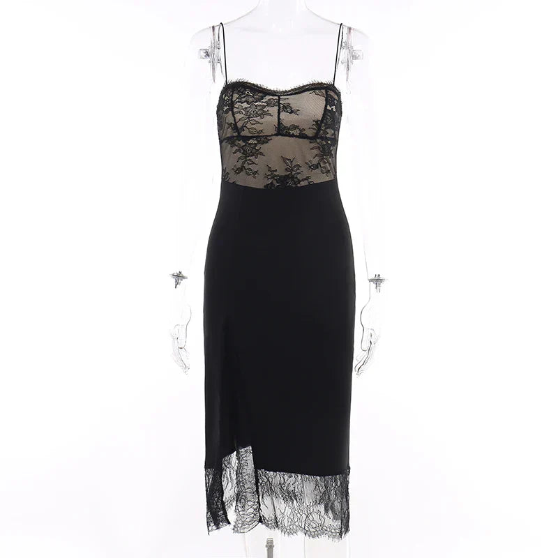 2024 Black Spaghetti Strap Backless Split Lace Dress