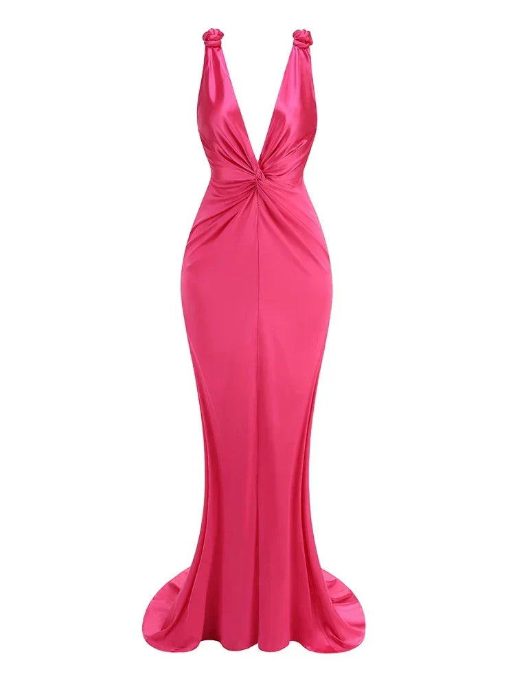 Sexy Braid Sling Deep V Neck Pleated Maxi Dress Women Christmas Party Pink 1 / Xs Dresses-L