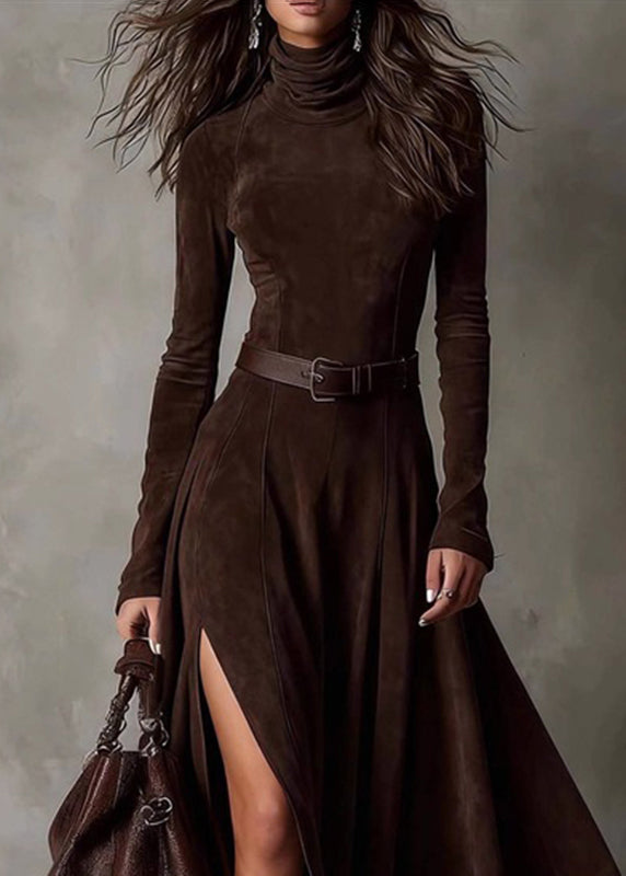 Sexy Coffee Patchwork Sashes Side Open Maxi Dresses Spring