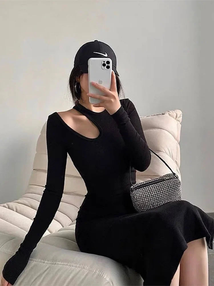 Cut Out Oneck Long Sleeve Solid Casual Midi Dresses