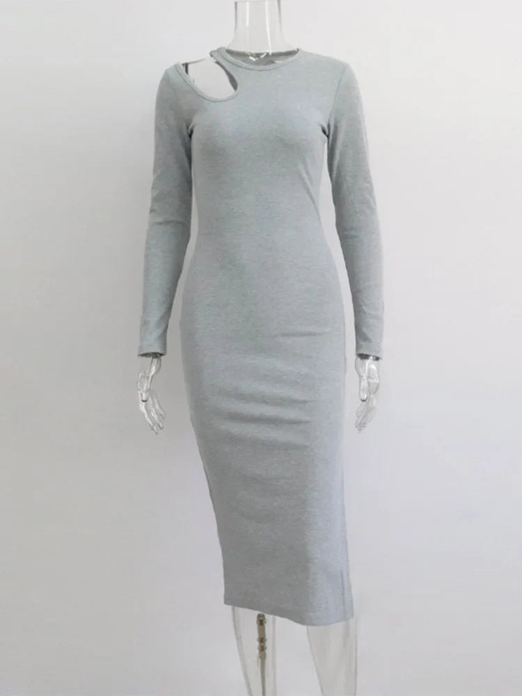 Cut Out Elegant Oneck Long Solid Casual Midi Dresses