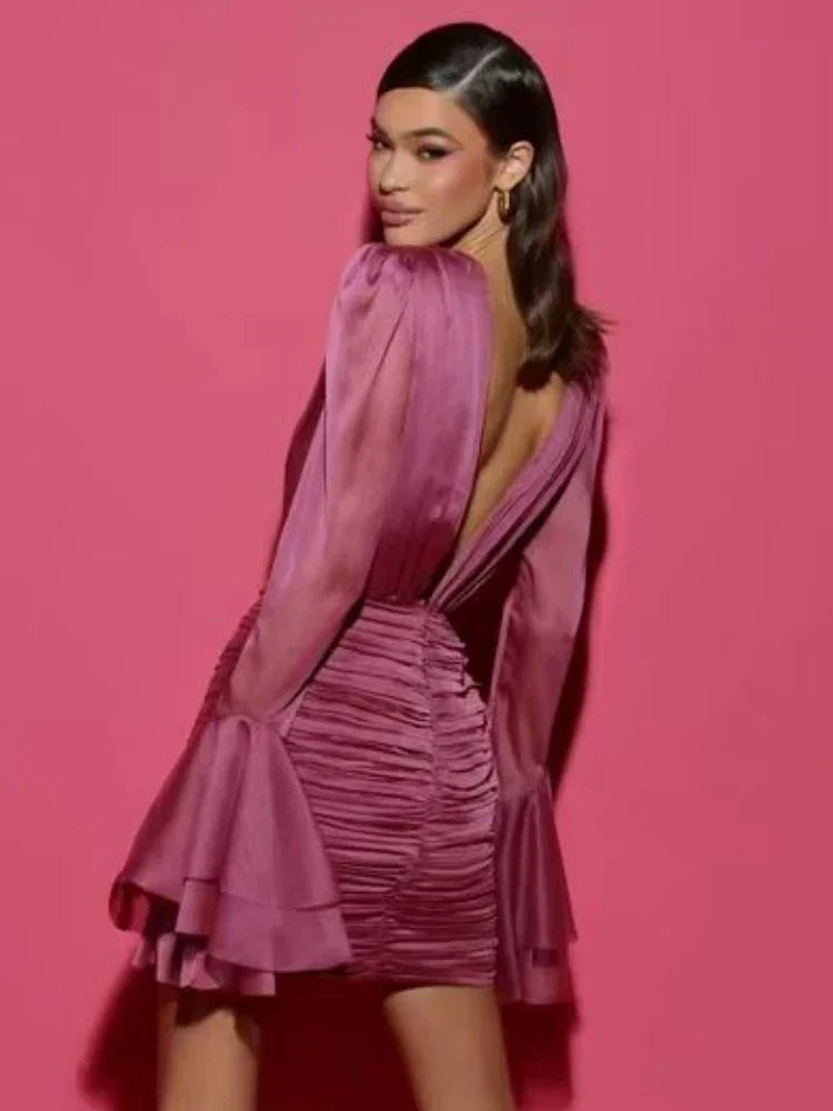 Sexy Deep V Neck Flare Sleeve Pleats Mini Backless Party Dress