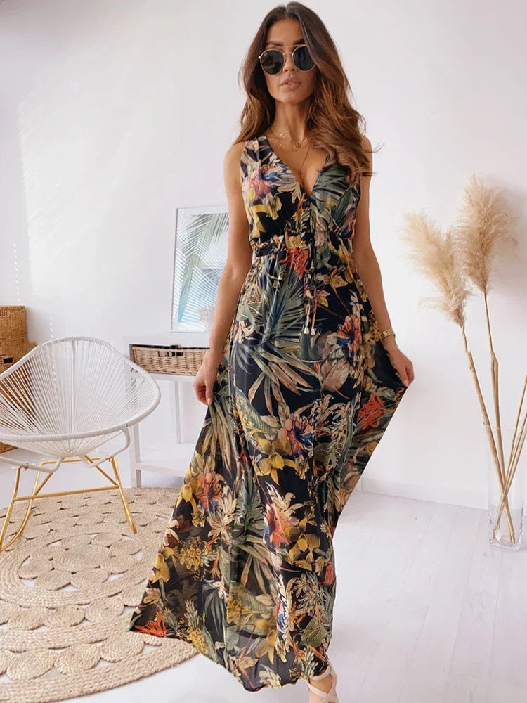 Deep V Neck Print Sleeveless Boho Dress