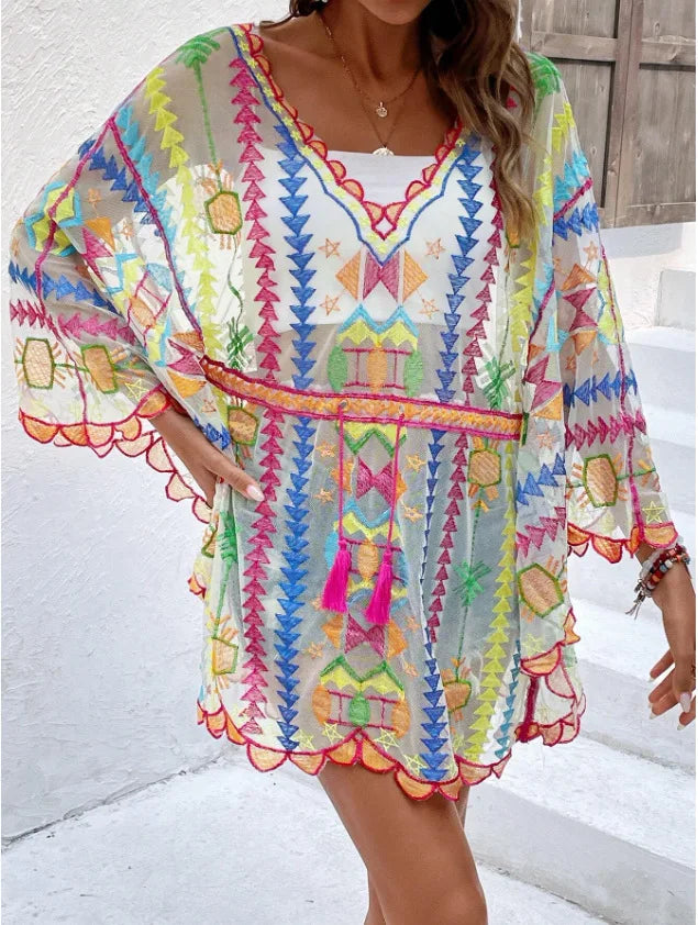Deep V-neck Tunic Lace Boho Mini Beach Cover up