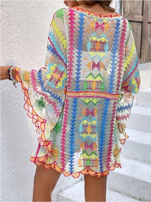 Deep V-neck Tunic Lace Boho Mini Beach Cover up