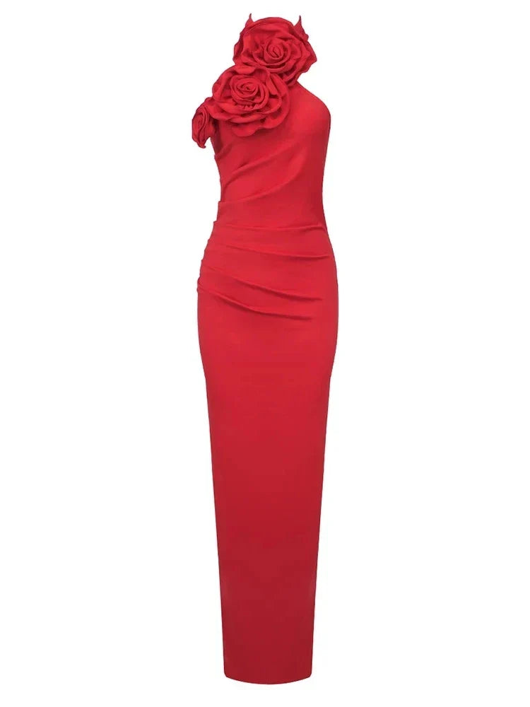Sexy Halter Backless 3D Flower White Sleeveless High Split Christmas Party Dress Red / S Dresses-L