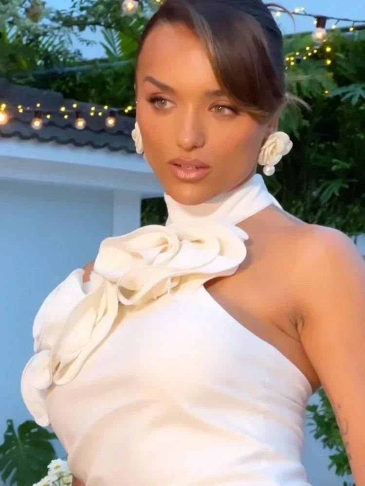 Sexy Halter Backless 3D Flower White Sleeveless High Split Party Dress