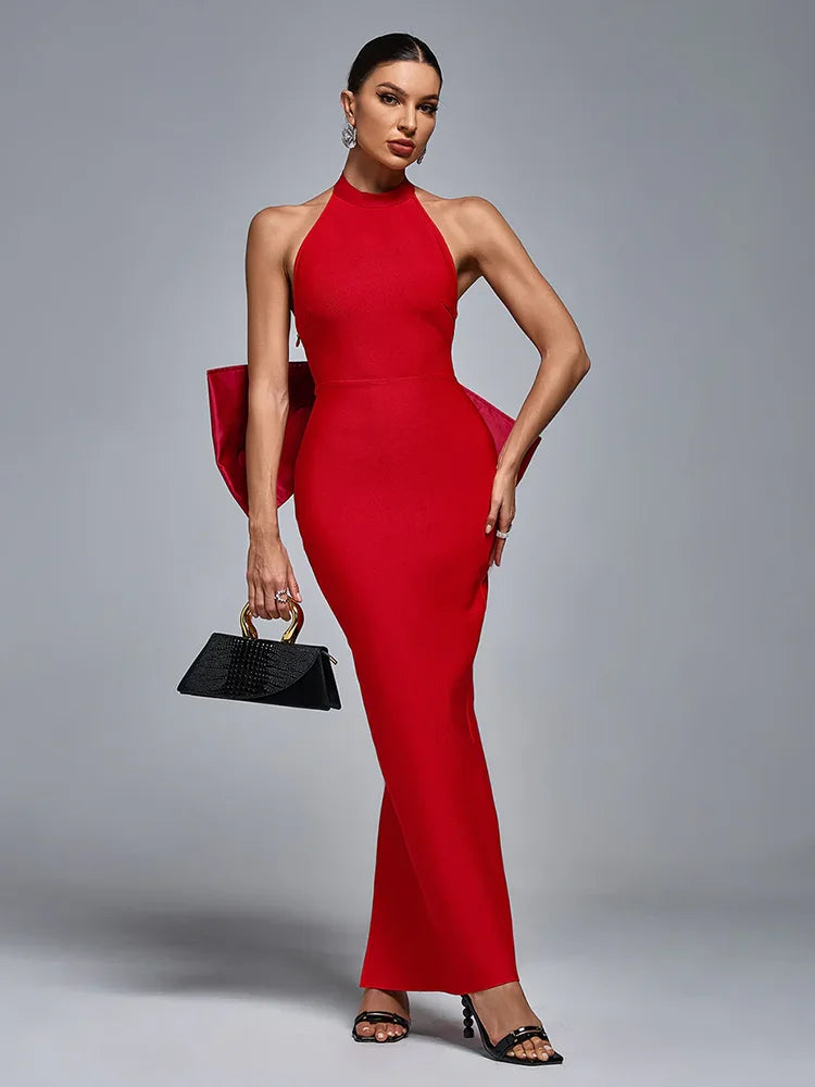 Sexy Halter Neck Backless Bow Design Red Sleeveless Bodycon Party Dress