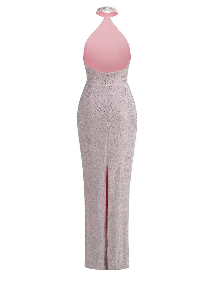 Sexy Halter Neck Shiny Diamonds Bow Maxi Dress Backless Party Dress