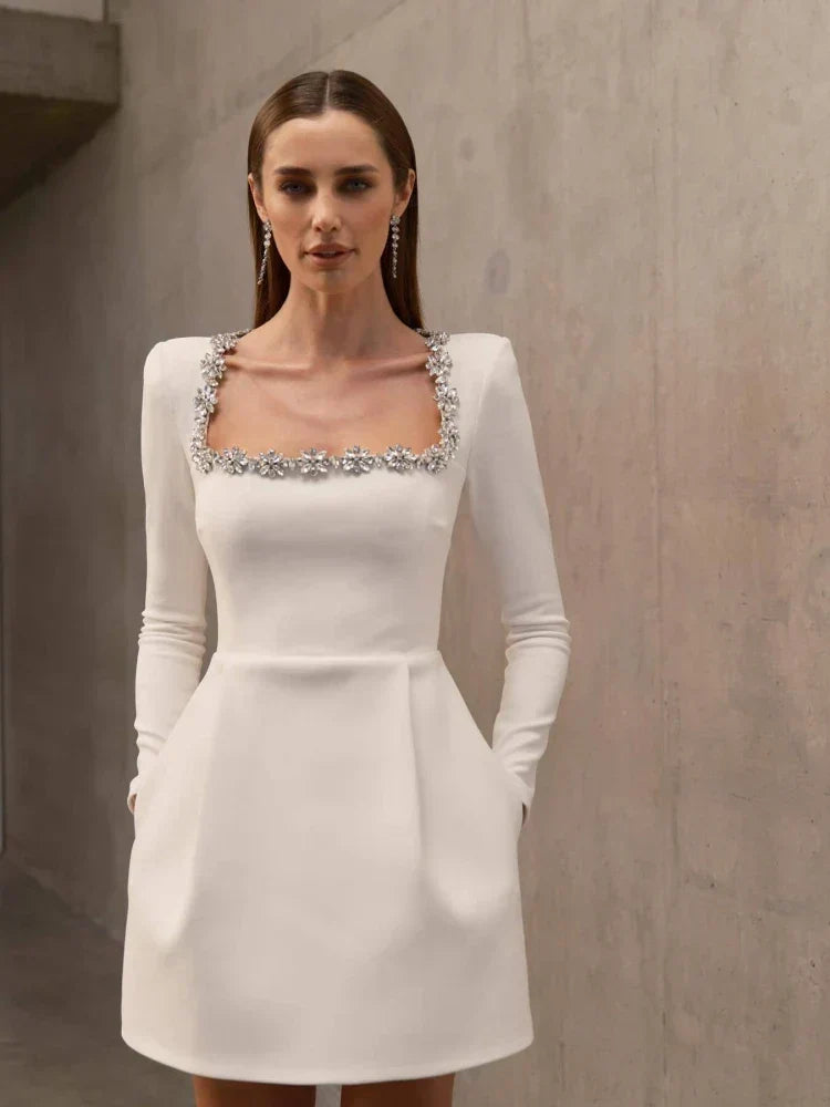 Sexy Long Sleeves Square Collar Crystal A-Line Slim Dress Elegant Party Dress
