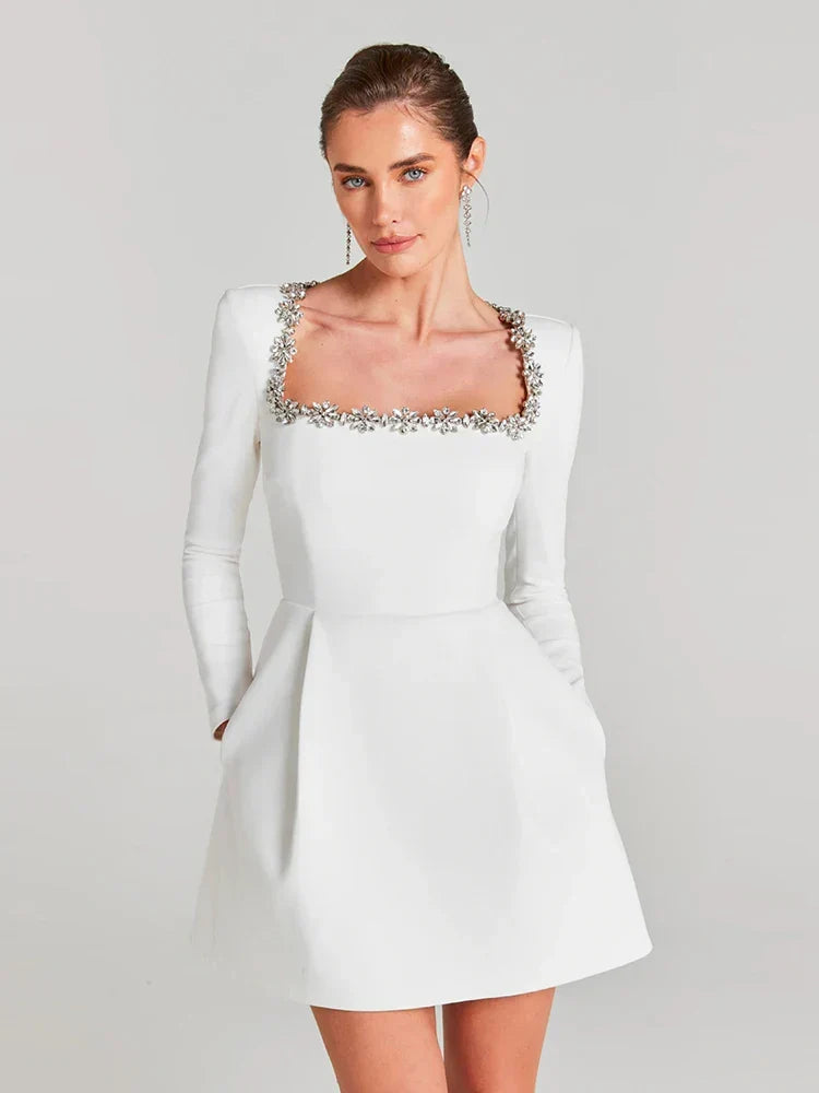 Sexy Long Sleeves Square Collar Crystal A-Line Slim Dress Elegant Party Dress