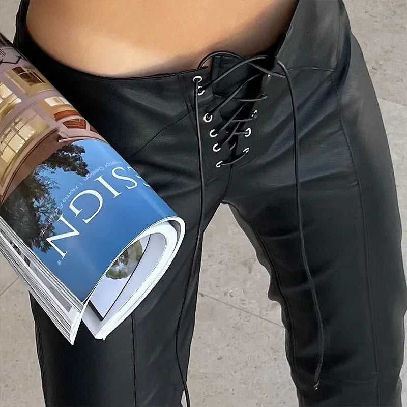 Sexy Low Waist PU Leather Slim Lace Up Hem Split FloorLength Clubwear Pants