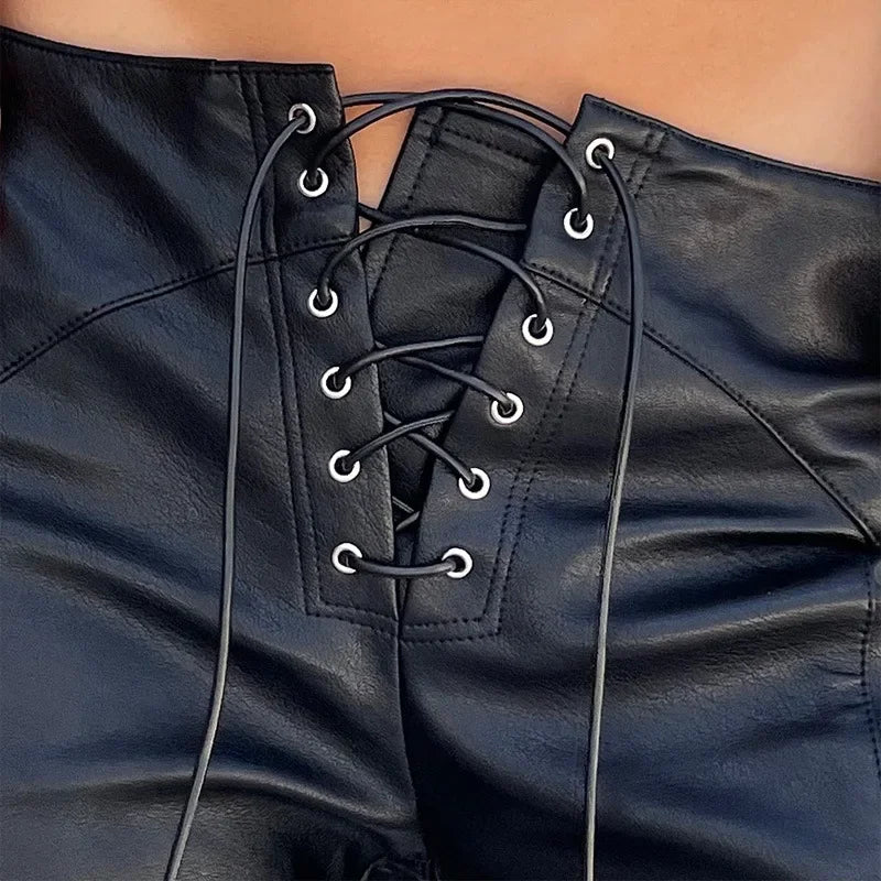 Sexy Low Waist PU Leather Slim Lace Up Hem Split FloorLength Clubwear Pants