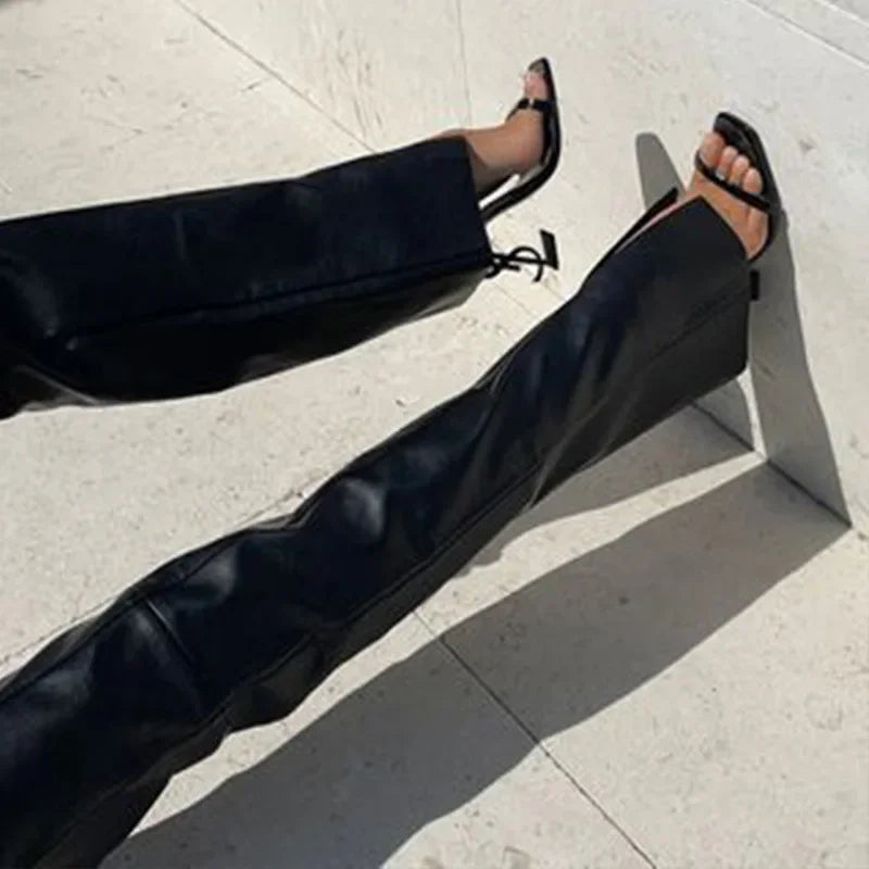 Sexy Low Waist PU Leather Slim Lace Up Hem Split FloorLength Clubwear Pants