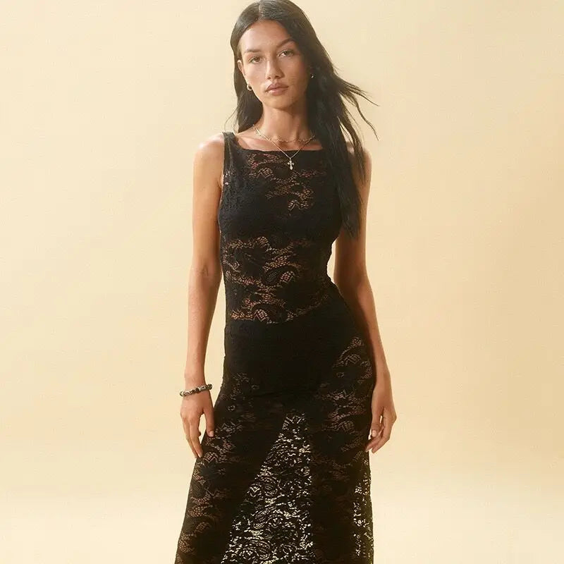 2024 Mesh See Through Slim Maxi Lace Dress