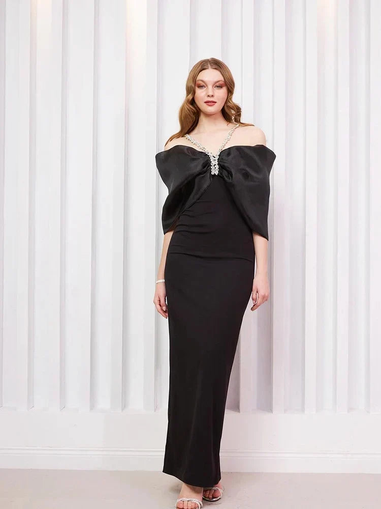 Sexy Off Shoulder Diamond Straps Bandage Black Pleated Shiny Celebrity Christmas Party Dress / Xs