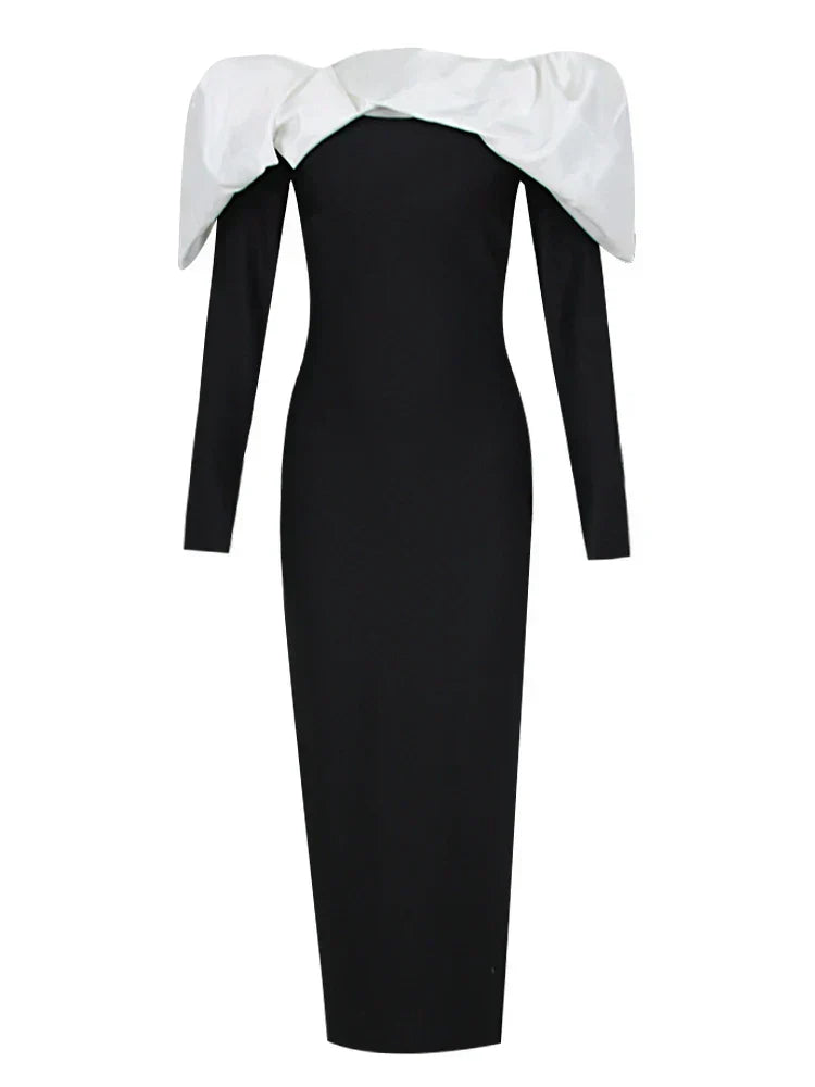 Sexy Off Shoulder Long Sleeves Bandage Black Detachable Pleated Christmas Party Dress / S Dresses-L