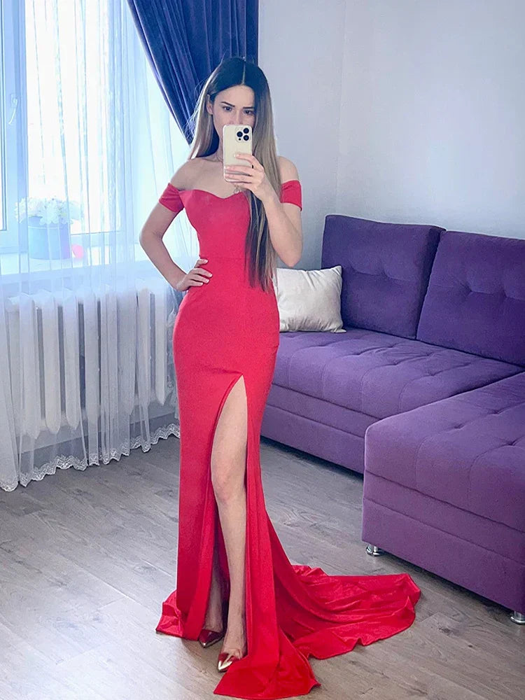 Sexy Off Shoulder Mermaid Bodycon Split Red Party Dress