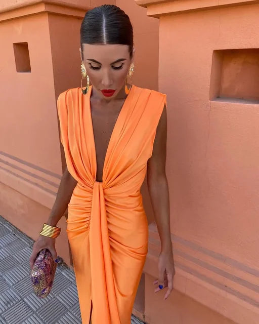 Plunge V-Neck Sleeveless Satin Twist Front Ruched Bodycon Maxi Dress