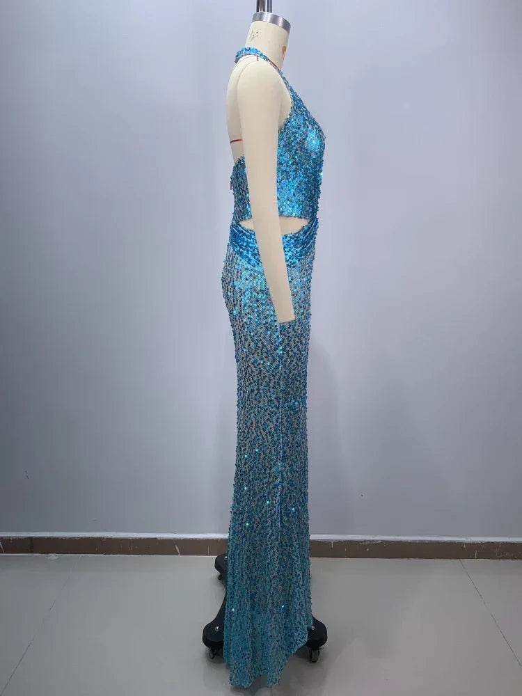 Sexy Sling Deep V-Neck Sequins Long Dress Hollow Out Slim Party Dress