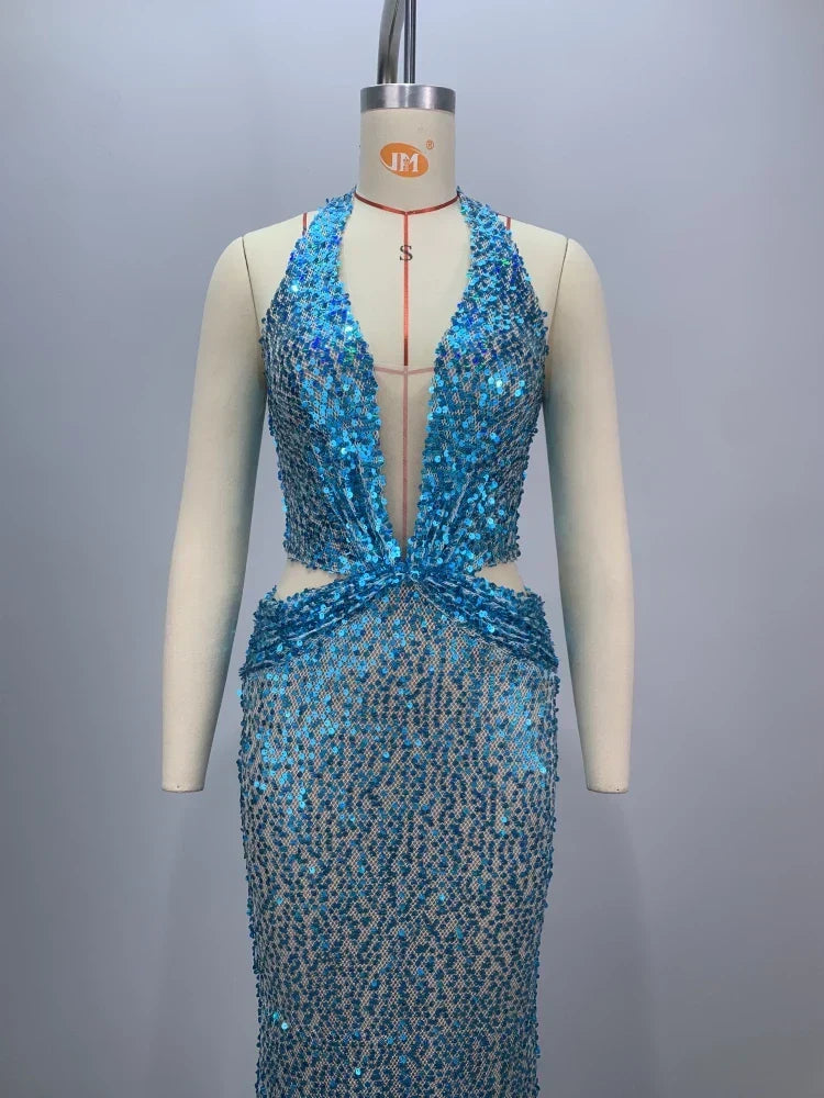 Sexy Sling Deep V-Neck Sequins Long Dress Hollow Out Slim Party Dress