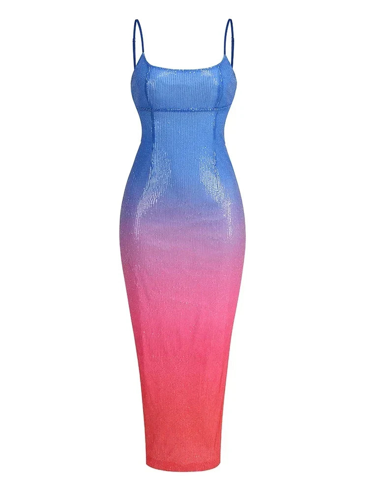 Sexy Spaghetti Strap Gradient Sequins Long Dress Sleeveless Colorful Christmas Party Blue Pink / S