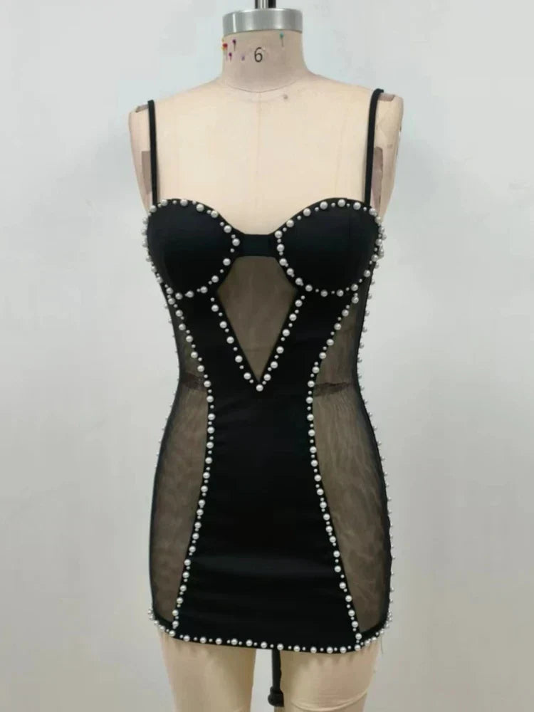 Sexy Spaghetti Strap Mesh Patchwork Pearl Mini Black Sleeveless Christmas Party Dress / Xs Dresses-L