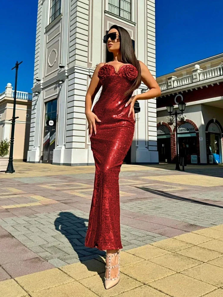 Sexy Spaghetti Straps Glitter Sequins Maxi Red Cocktail Party Dress