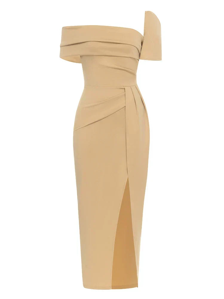 Sexy Square Collar Folds Design Long Dress Short Sleeves Christmas Party Yellow / S Dresses-L