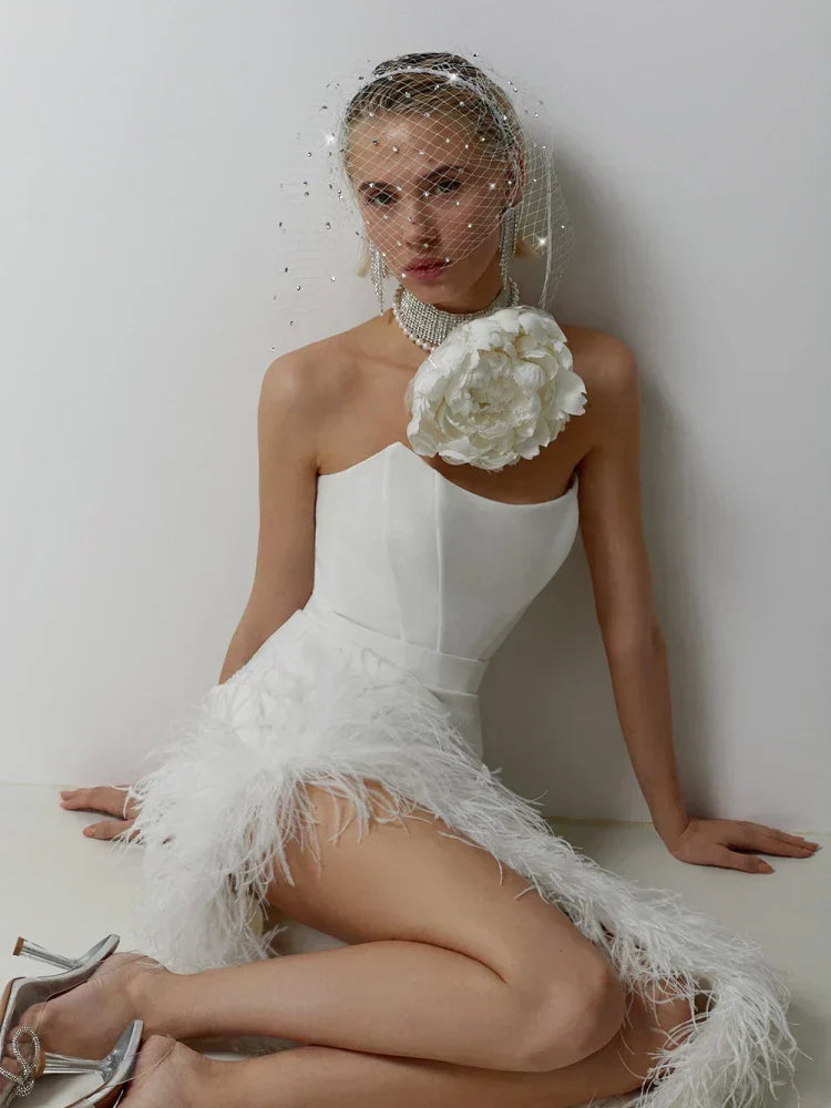 Sexy Strapless Feathers Midi Bandage Black White Backless Party Dress