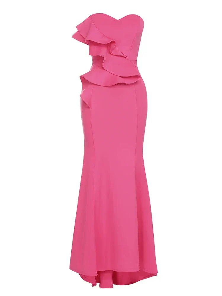 Sexy Strapless Ruffle Edge Design Rose Red Sleeveless Backless Party Dress