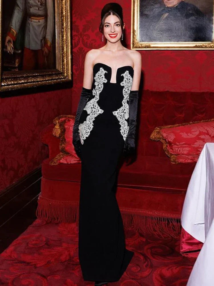Sexy Strapless V Neck Lace Sequin Design Black Velvet Party Dress