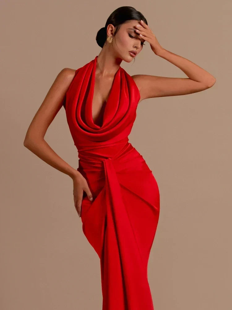 Sexy Swinging Collar Backless Pleated Long Dress Draped Design Party Dress