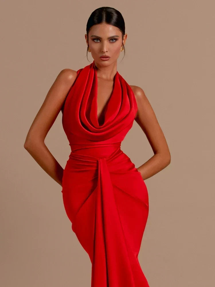 Sexy Swinging Collar Backless Pleated Long Dress Draped Design Party Dress