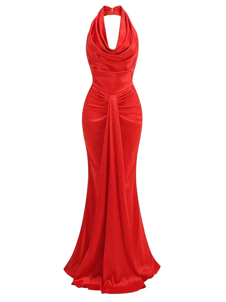 Sexy Swinging Collar Backless Pleated Long Dress Draped Design Christmas Party Red / S Dresses-L