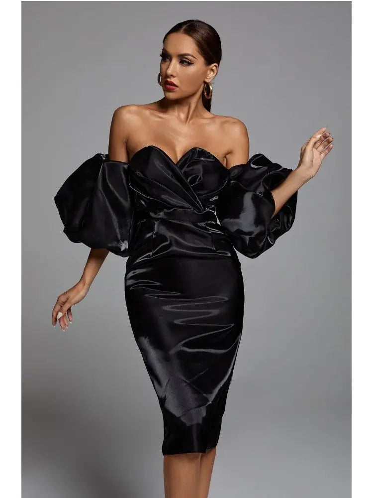 Sexy V-neck Strapless Puff Sleeve Satin Midi Off Shoulder Party Dress